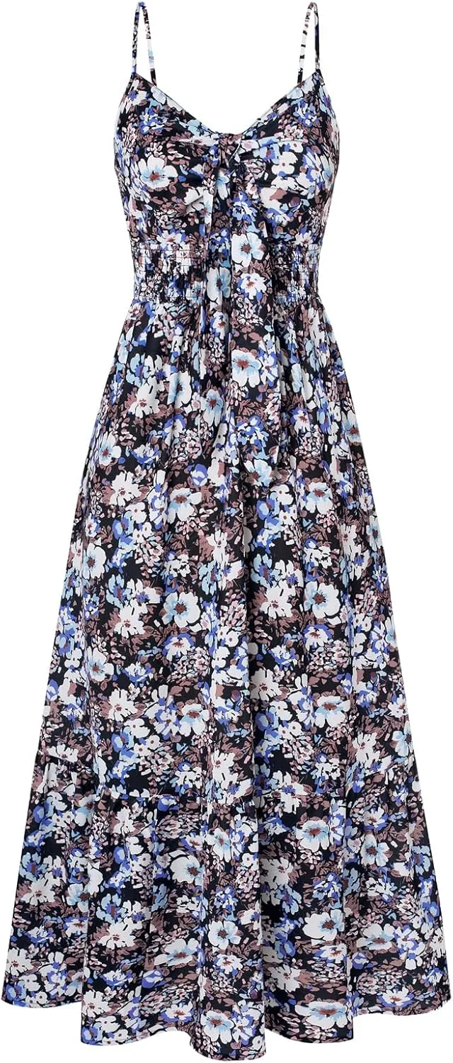 GRACE KARIN Women's 2025 Summer Maxi Dress Floral Tie Front Spaghetti Strap Casual Boho Beach Flowy Sundress with Pockets