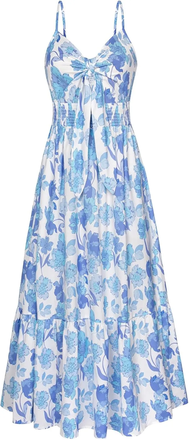 GRACE KARIN Women's 2025 Summer Maxi Dress Floral Tie Front Spaghetti Strap Casual Boho Beach Flowy Sundress with Pockets