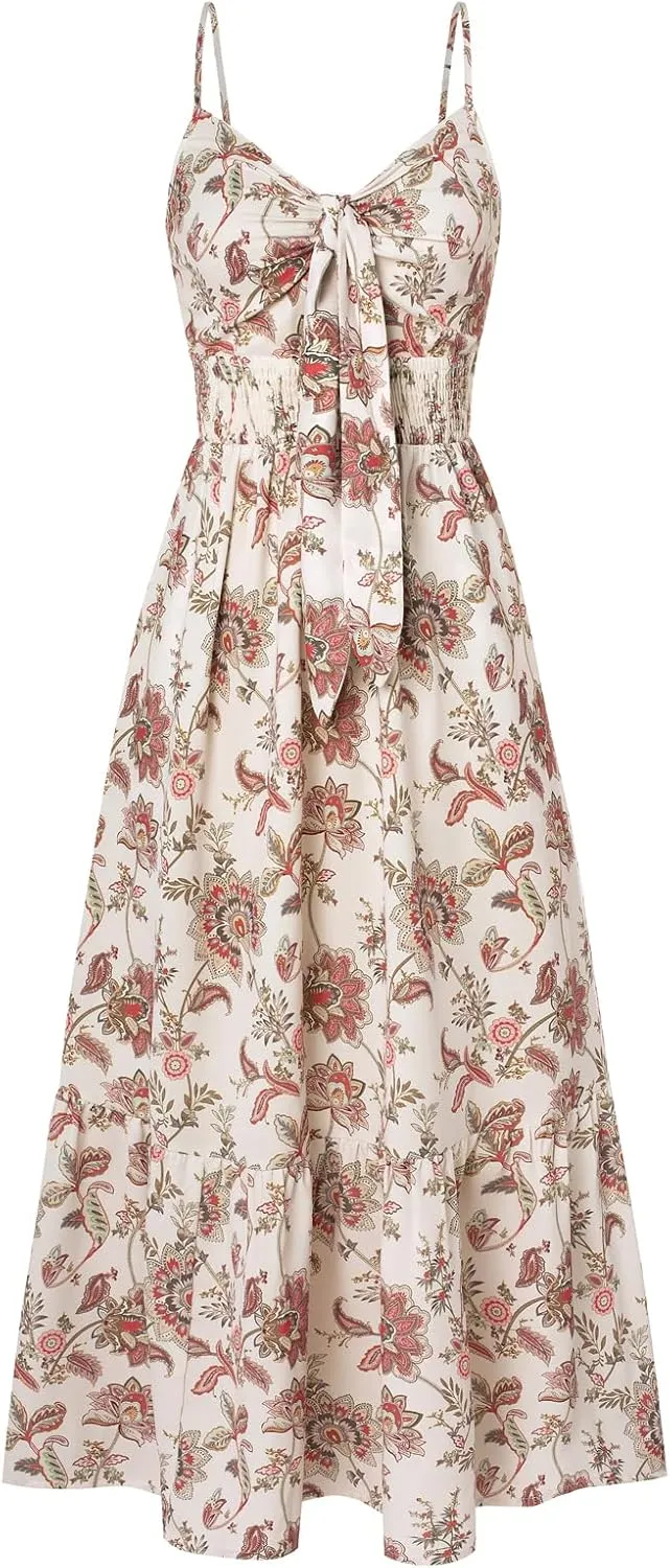 GRACE KARIN Women's 2025 Summer Maxi Dress Floral Tie Front Spaghetti Strap Casual Boho Beach Flowy Sundress with Pockets