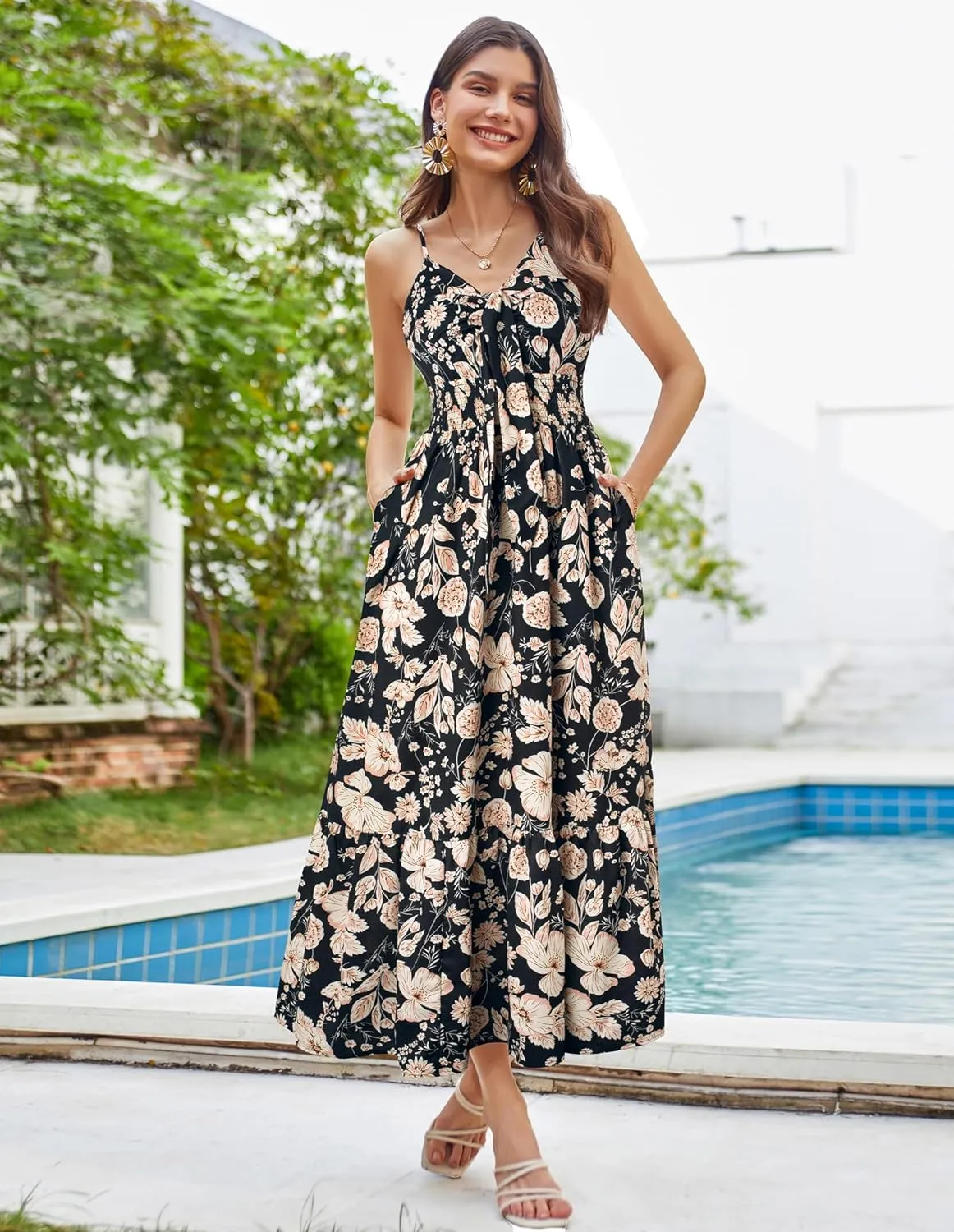 GRACE KARIN Women's 2025 Summer Maxi Dress Floral Tie Front Spaghetti Strap Casual Boho Beach Flowy Sundress with Pockets