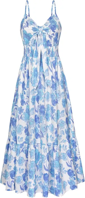 GRACE KARIN Women's 2025 Summer Maxi Dress Floral Tie Front Spaghetti Strap Casual Boho Beach Flowy Sundress with Pockets
