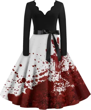 Halloween Dresses for Women Long Sleeve V Neck Vintage Print Costumes 1950s Fall Cocktail Dresses