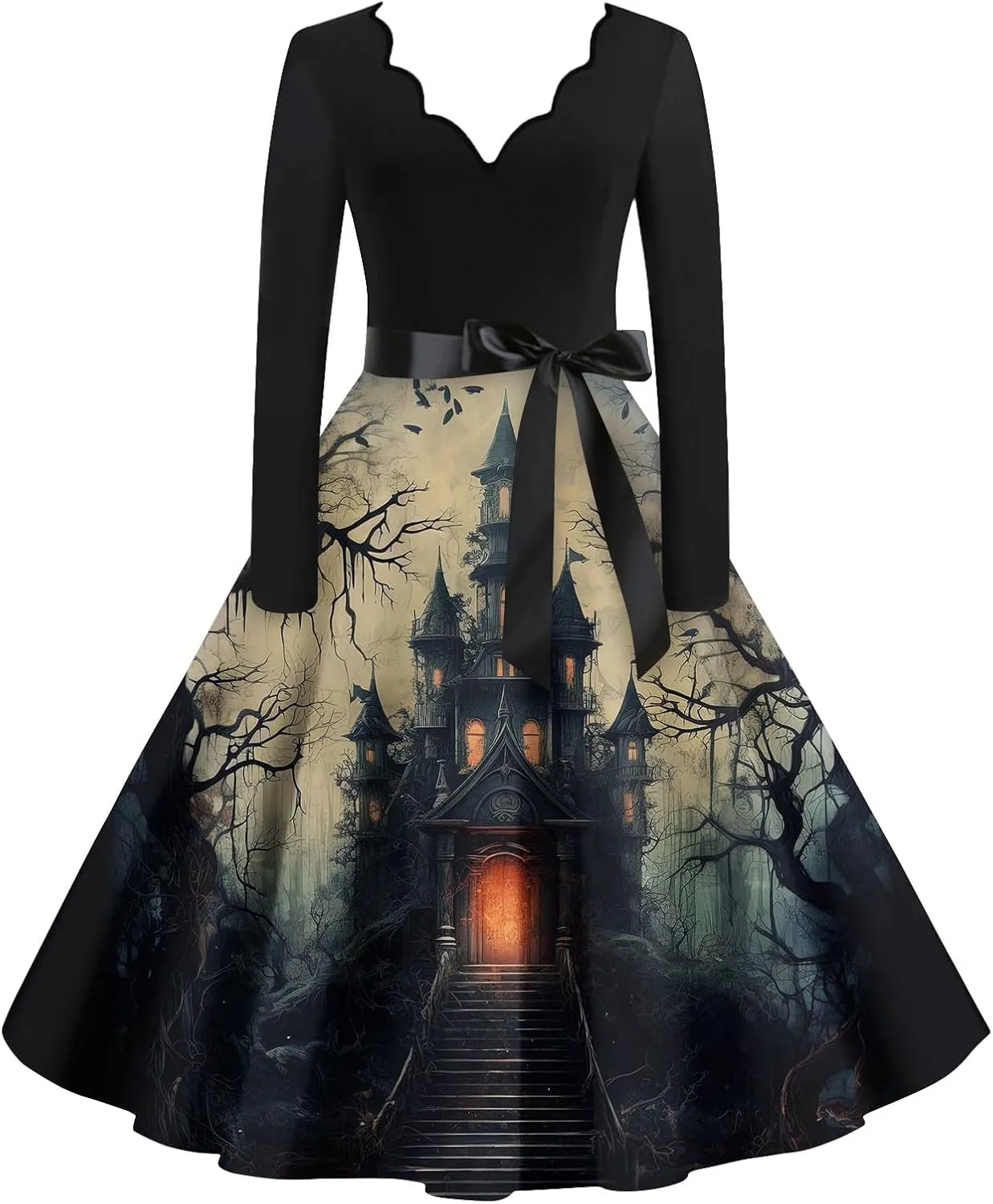 Halloween Dresses for Women Long Sleeve V Neck Vintage Print Costumes 1950s Fall Cocktail Dresses