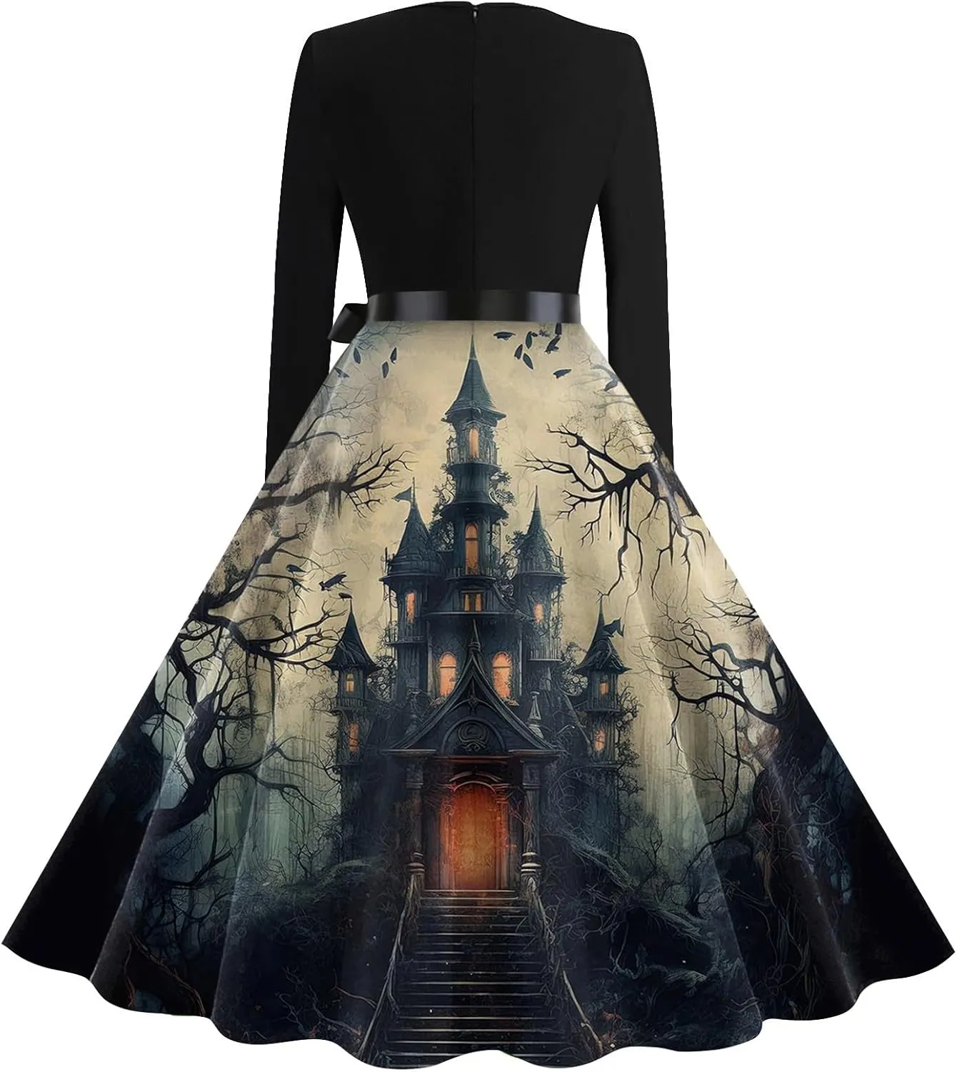 Halloween Dresses for Women Long Sleeve V Neck Vintage Print Costumes 1950s Fall Cocktail Dresses