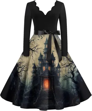 Halloween Dresses for Women Long Sleeve V Neck Vintage Print Costumes 1950s Fall Cocktail Dresses