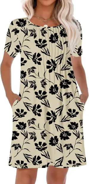 HiMONE Womens Summer Dresses T-Shirt Pleated Dressy Casual Scooped Neck Beach Vacation Dresses XS-2XL