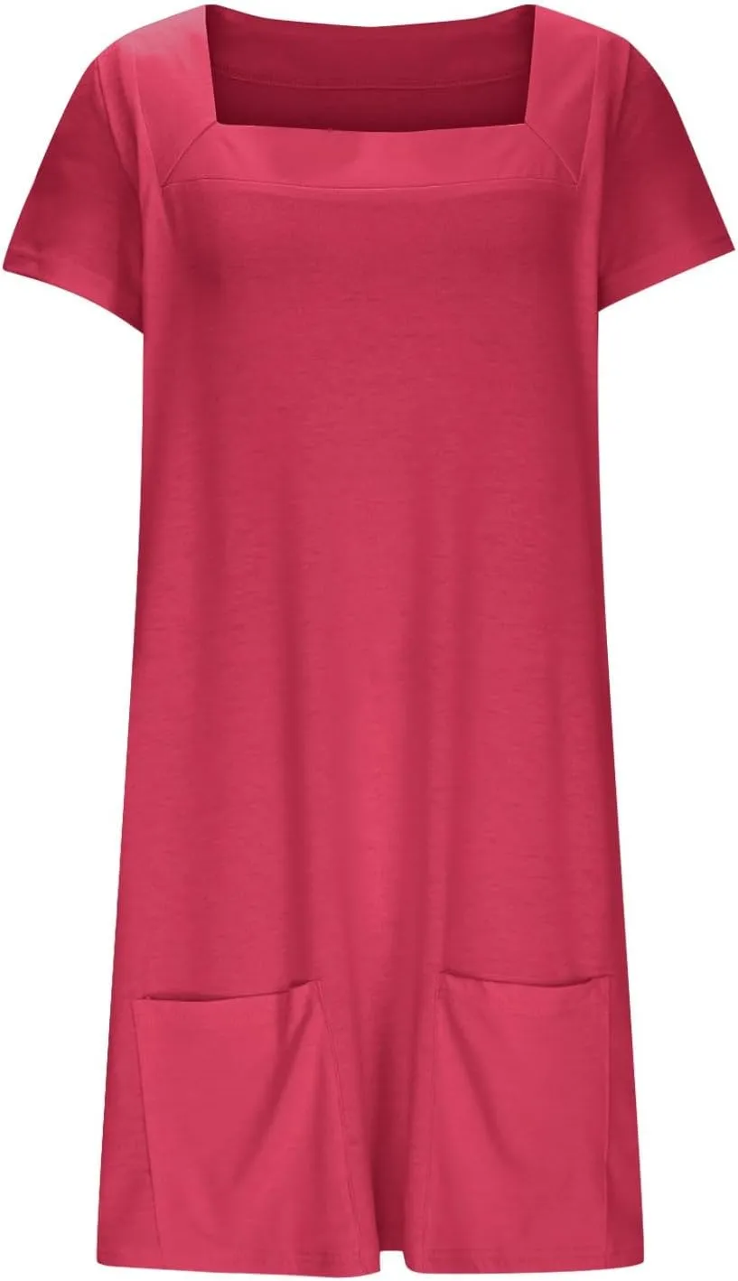 hlysgo Beach Dresses for Women 2025 Summer Short Sleeve Square Neck Casual Dress Solid Soft Comfy Mini Dress with Pockets