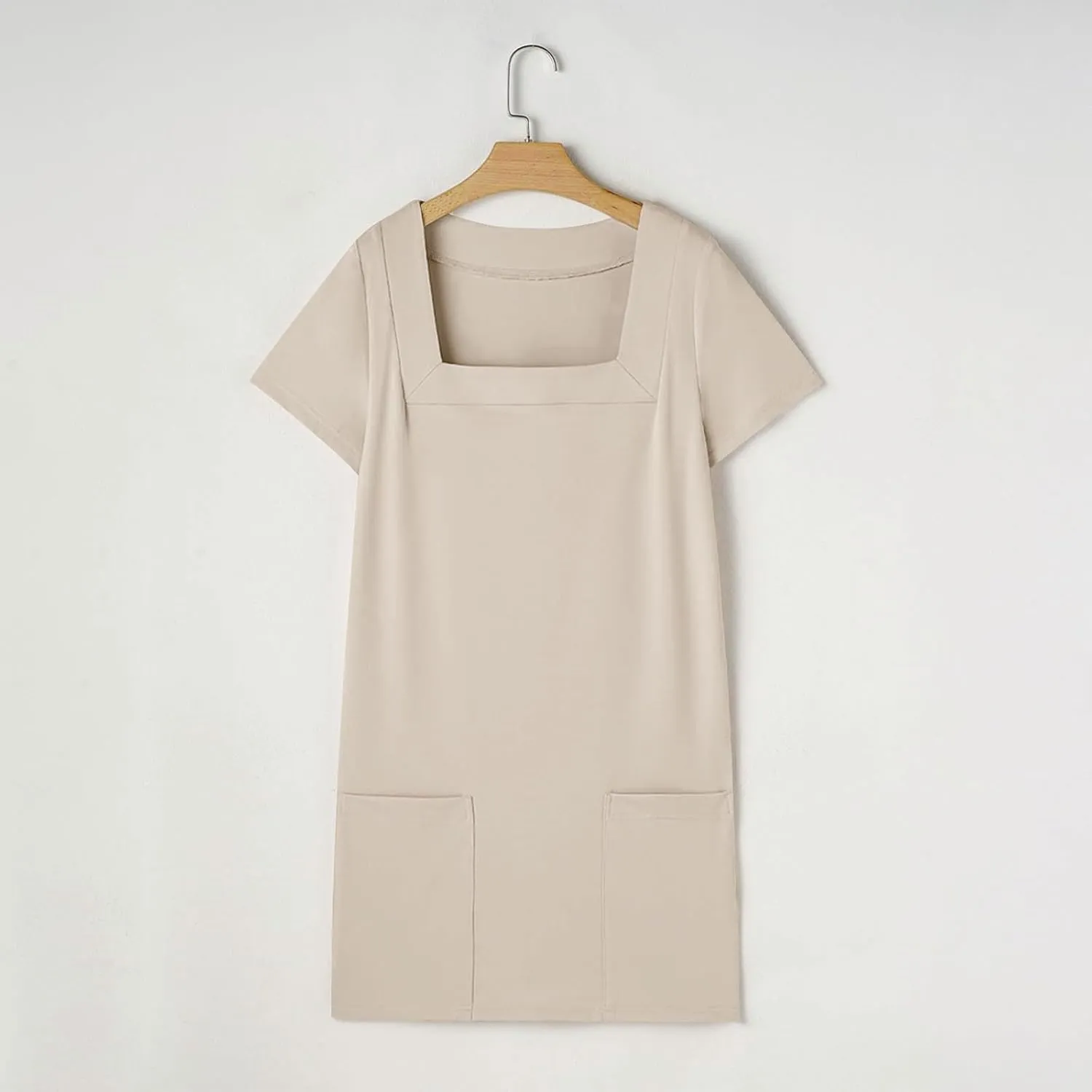 hlysgo Beach Dresses for Women 2025 Summer Short Sleeve Square Neck Casual Dress Solid Soft Comfy Mini Dress with Pockets