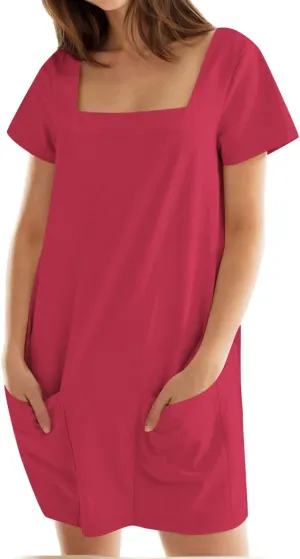 hlysgo Beach Dresses for Women 2025 Summer Short Sleeve Square Neck Casual Dress Solid Soft Comfy Mini Dress with Pockets