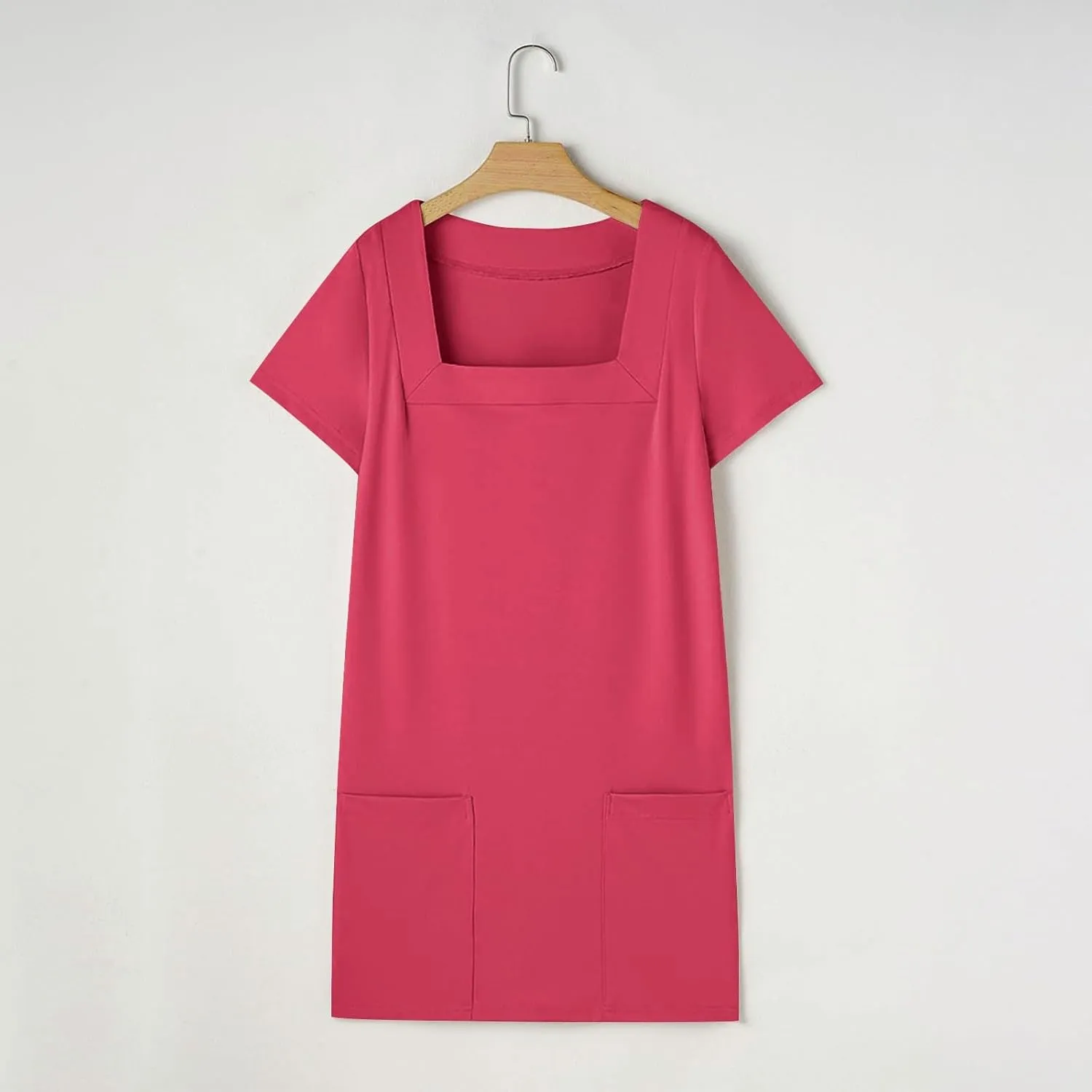 hlysgo Beach Dresses for Women 2025 Summer Short Sleeve Square Neck Casual Dress Solid Soft Comfy Mini Dress with Pockets
