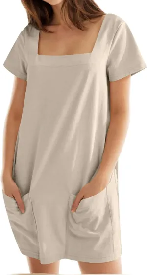hlysgo Beach Dresses for Women 2025 Summer Short Sleeve Square Neck Casual Dress Solid Soft Comfy Mini Dress with Pockets