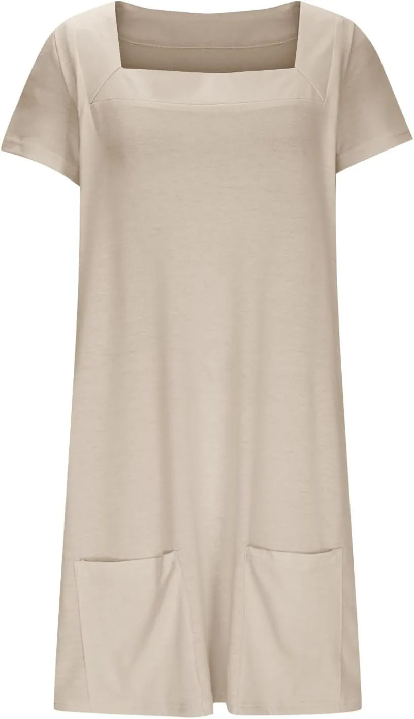 hlysgo Beach Dresses for Women 2025 Summer Short Sleeve Square Neck Casual Dress Solid Soft Comfy Mini Dress with Pockets