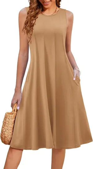 HOTOUCH Summer Casual Dresses for Women Sleeveless Midi Dress Swing Tank Sundress Pleated Tshirt Dress with Pockets