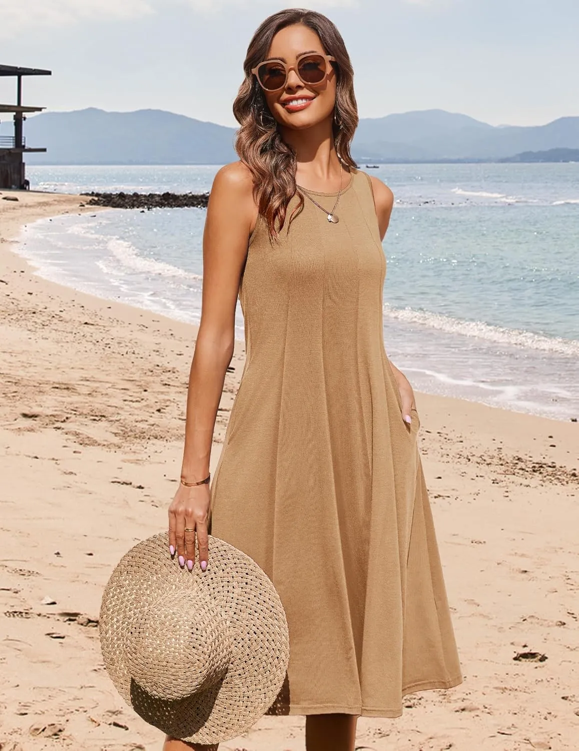 HOTOUCH Summer Casual Dresses for Women Sleeveless Midi Dress Swing Tank Sundress Pleated Tshirt Dress with Pockets