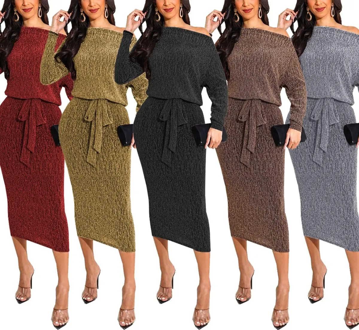 HugeNice Women's Glitter Sequin Dress Long Sleeve Cocktail Party Sparkly Midi Dresses Clubwear
