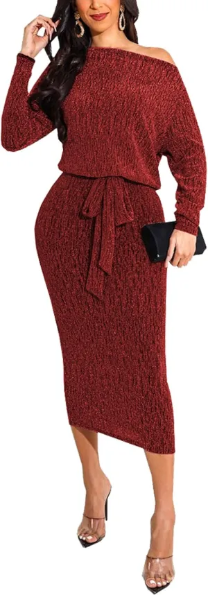 HugeNice Women's Glitter Sequin Dress Long Sleeve Cocktail Party Sparkly Midi Dresses Clubwear