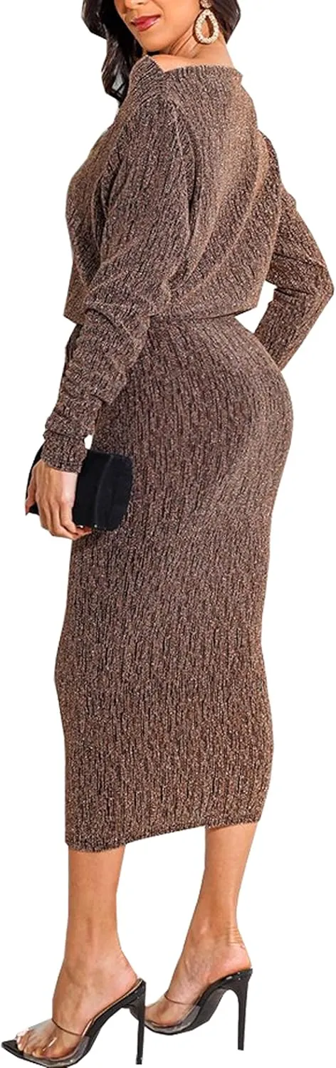HugeNice Women's Glitter Sequin Dress Long Sleeve Cocktail Party Sparkly Midi Dresses Clubwear