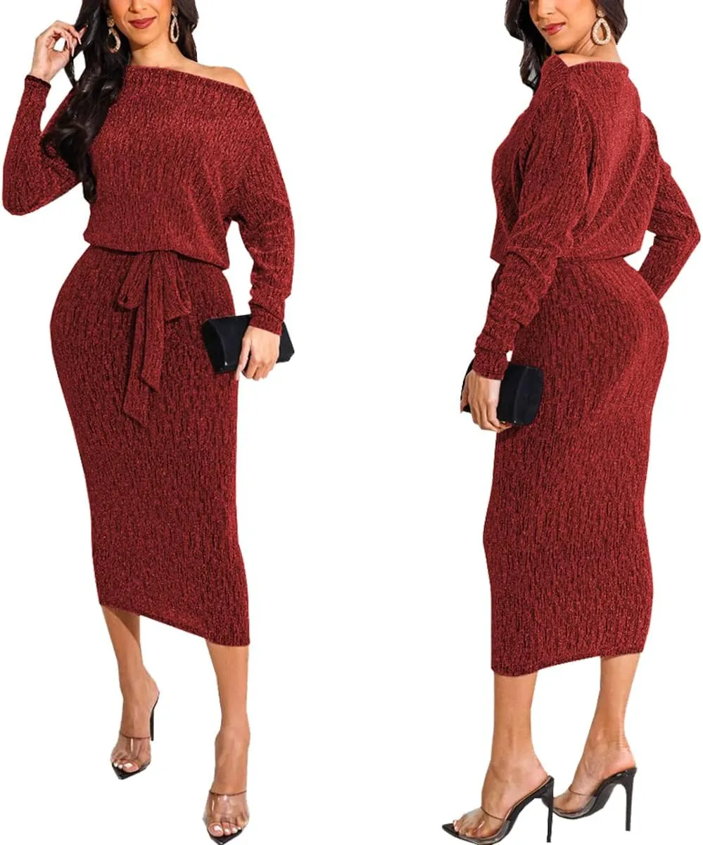 HugeNice Women's Glitter Sequin Dress Long Sleeve Cocktail Party Sparkly Midi Dresses Clubwear