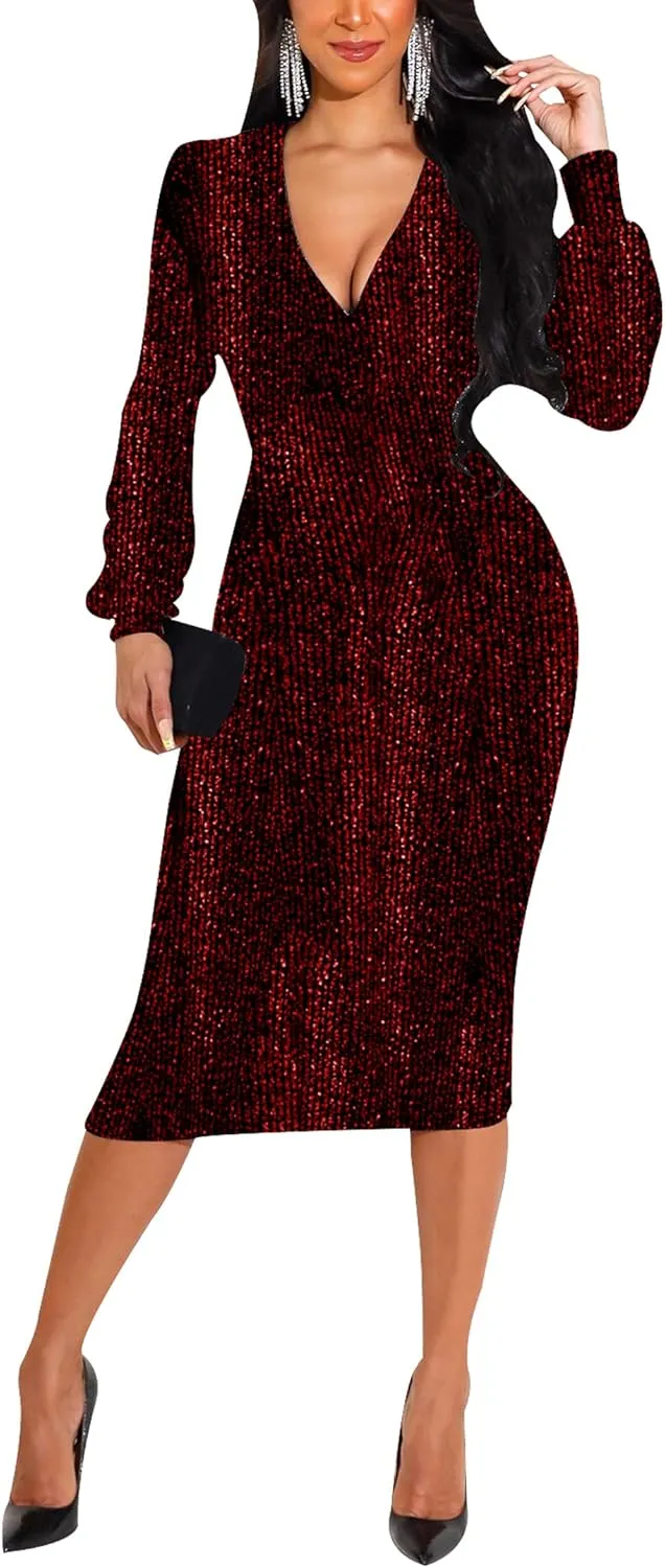 HugeNice Women's Glitter Sequin Dress Long Sleeve Cocktail Party Sparkly Midi Dresses Clubwear