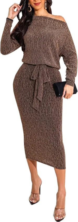 HugeNice Women's Glitter Sequin Dress Long Sleeve Cocktail Party Sparkly Midi Dresses Clubwear
