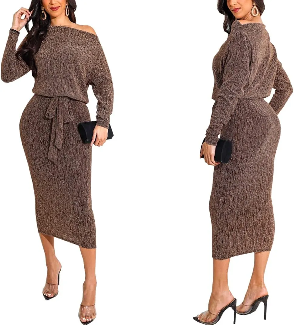 HugeNice Women's Glitter Sequin Dress Long Sleeve Cocktail Party Sparkly Midi Dresses Clubwear