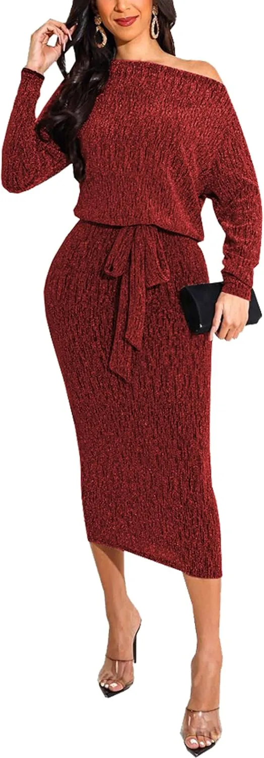 HugeNice Women's Glitter Sequin Dress Long Sleeve Cocktail Party Sparkly Midi Dresses Clubwear