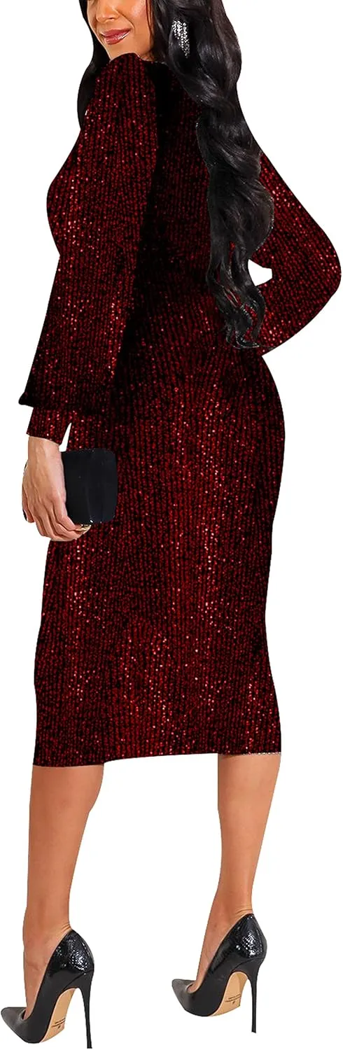 HugeNice Women's Glitter Sequin Dress Long Sleeve Cocktail Party Sparkly Midi Dresses Clubwear