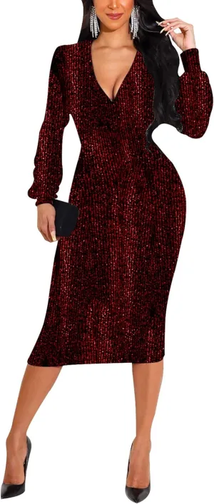 HugeNice Women's Glitter Sequin Dress Long Sleeve Cocktail Party Sparkly Midi Dresses Clubwear
