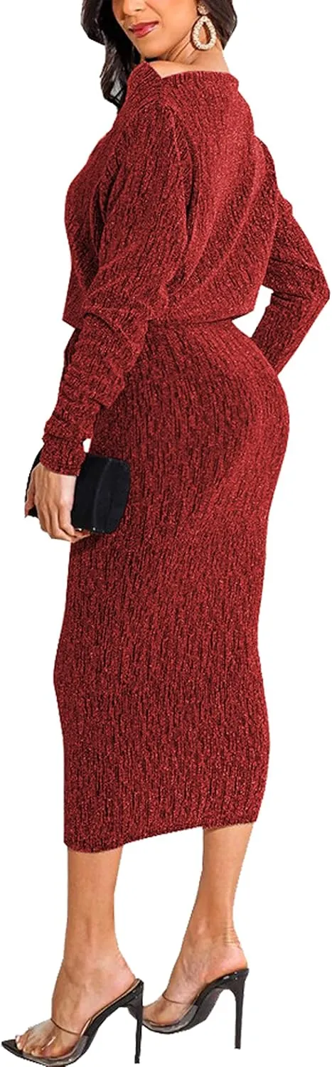 HugeNice Women's Glitter Sequin Dress Long Sleeve Cocktail Party Sparkly Midi Dresses Clubwear