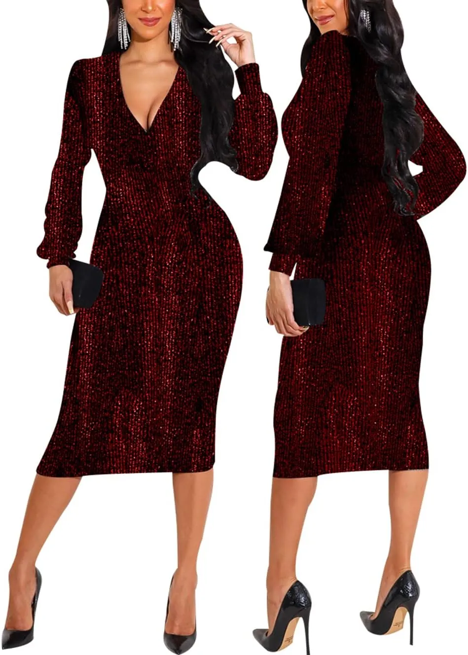 HugeNice Women's Glitter Sequin Dress Long Sleeve Cocktail Party Sparkly Midi Dresses Clubwear