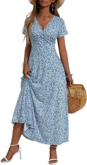 HUHOT Women's Short Sleeve Wrap V Neck Dresses for Wedding Guest Summer Floral Maxi Sundresses with Pockets Boho Dress