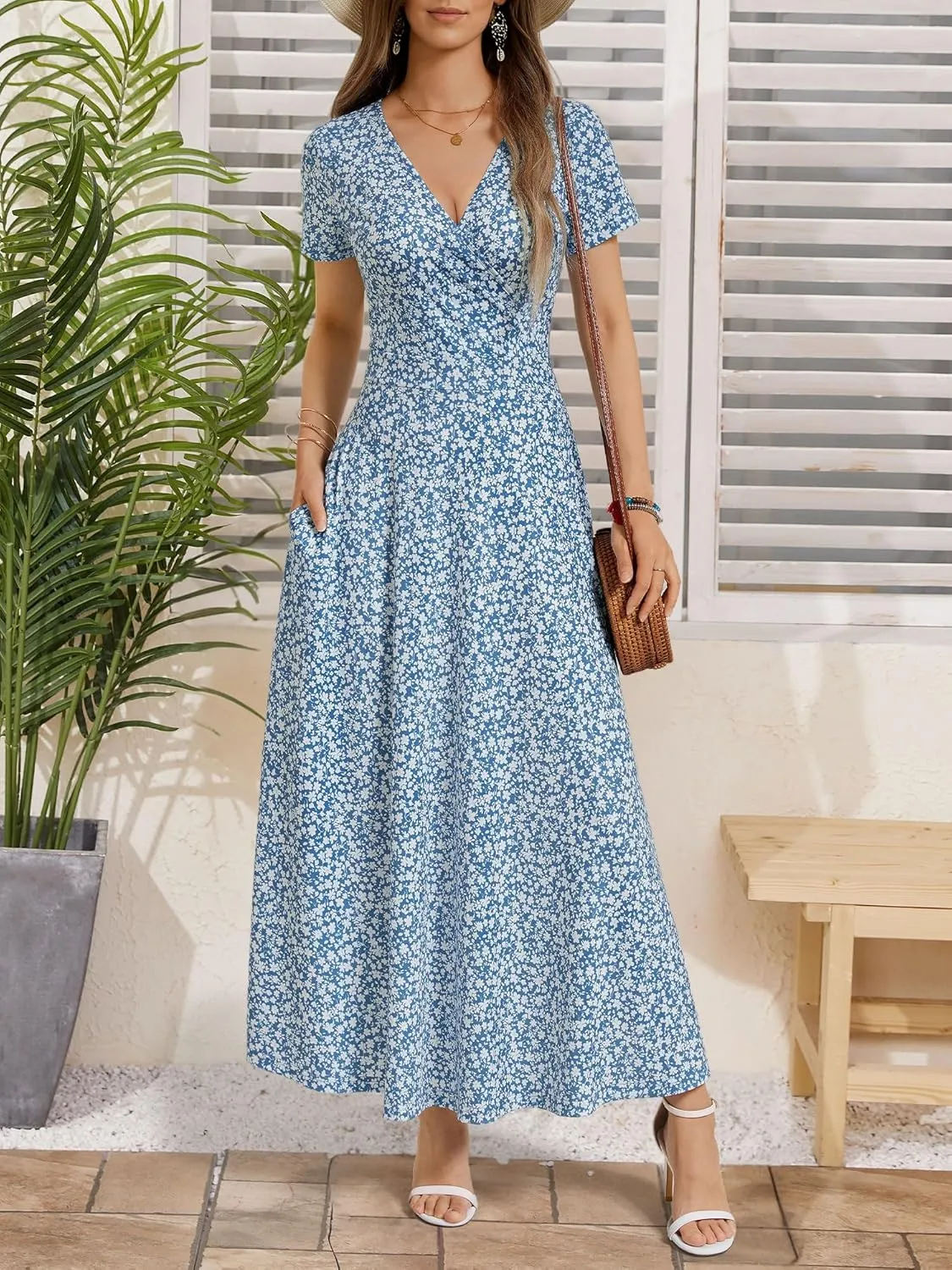 HUHOT Women's Short Sleeve Wrap V Neck Dresses for Wedding Guest Summer Floral Maxi Sundresses with Pockets Boho Dress