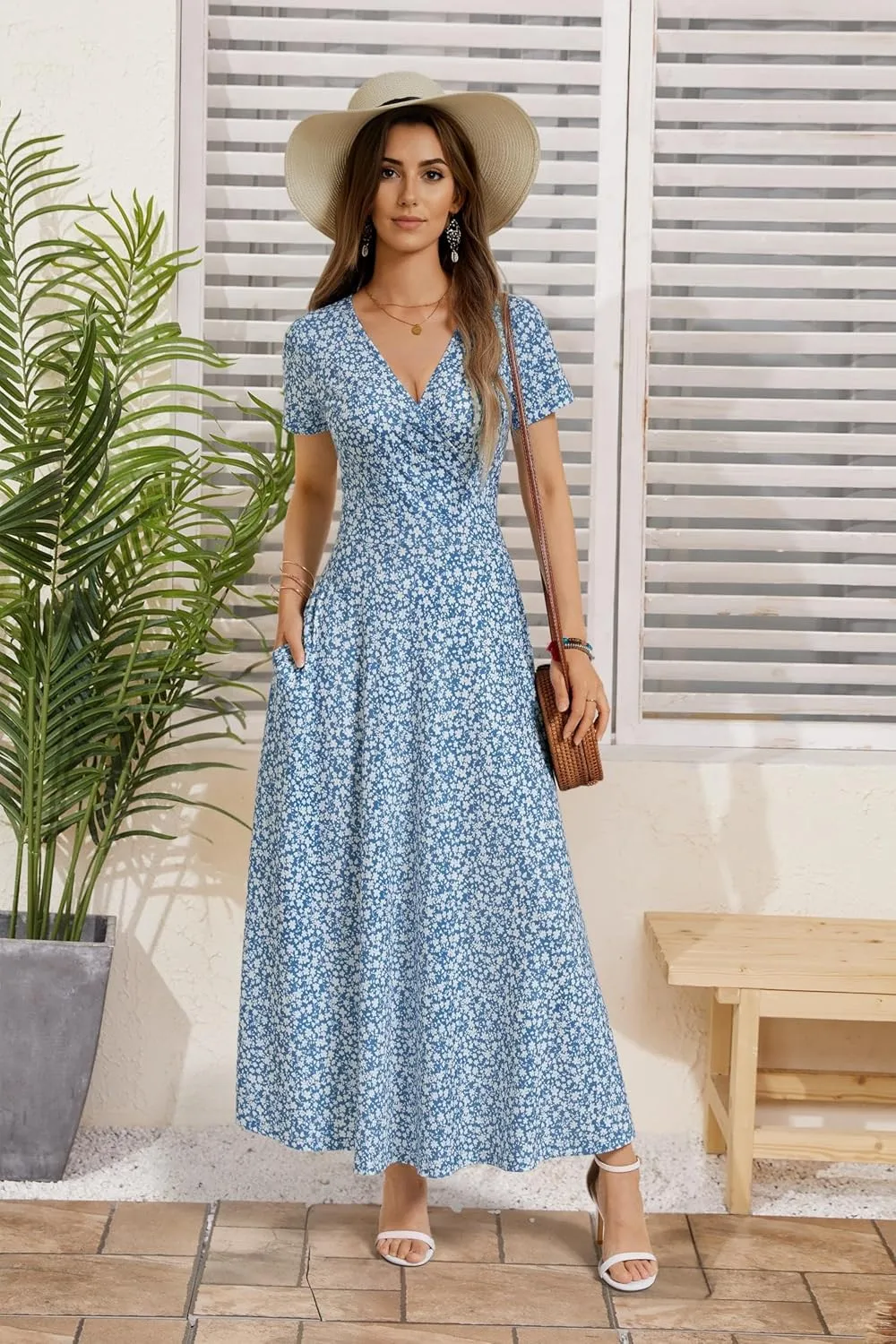 HUHOT Women's Short Sleeve Wrap V Neck Dresses for Wedding Guest Summer Floral Maxi Sundresses with Pockets Boho Dress