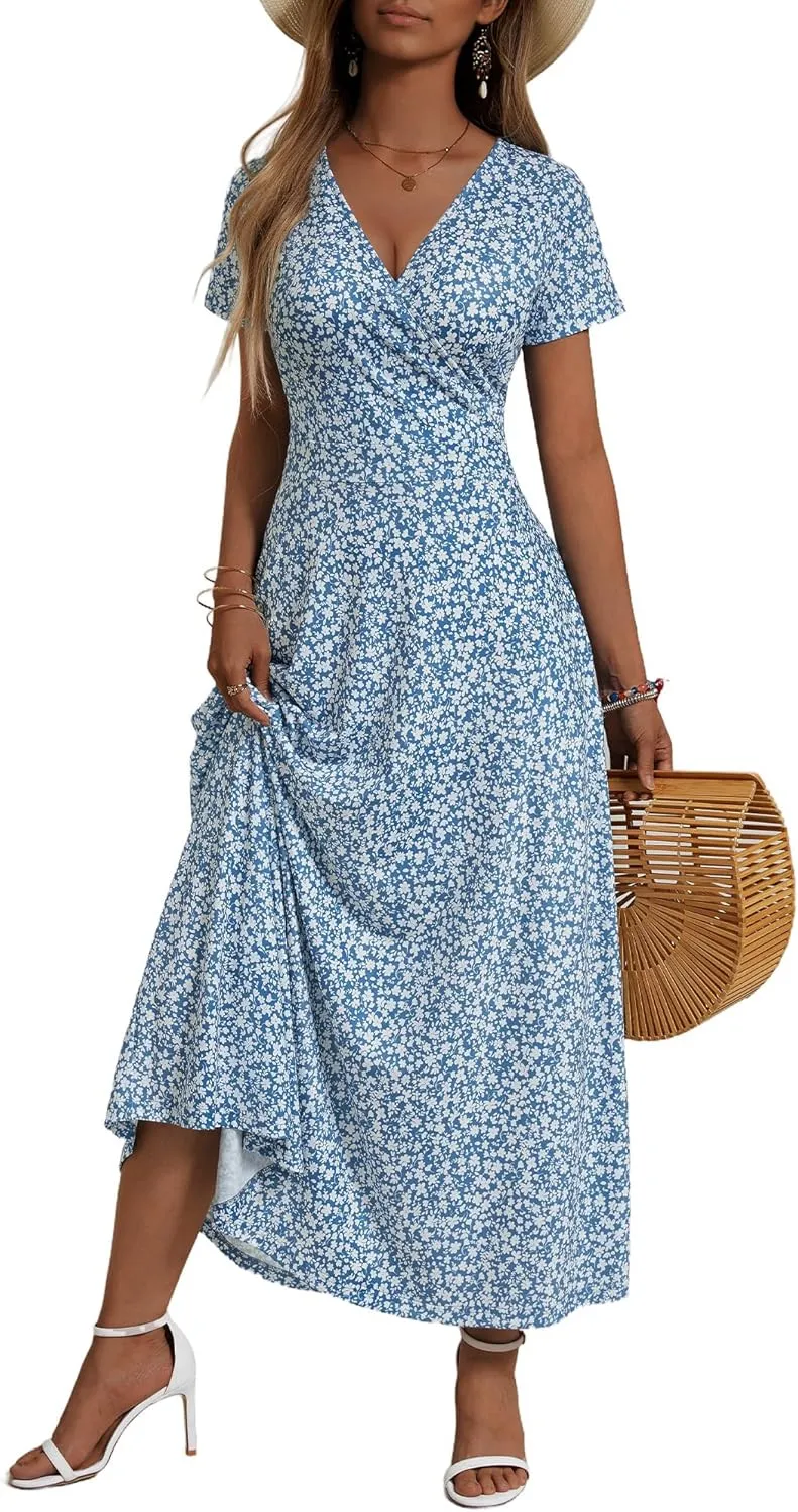 HUHOT Women's Short Sleeve Wrap V Neck Dresses for Wedding Guest Summer Floral Maxi Sundresses with Pockets Boho Dress