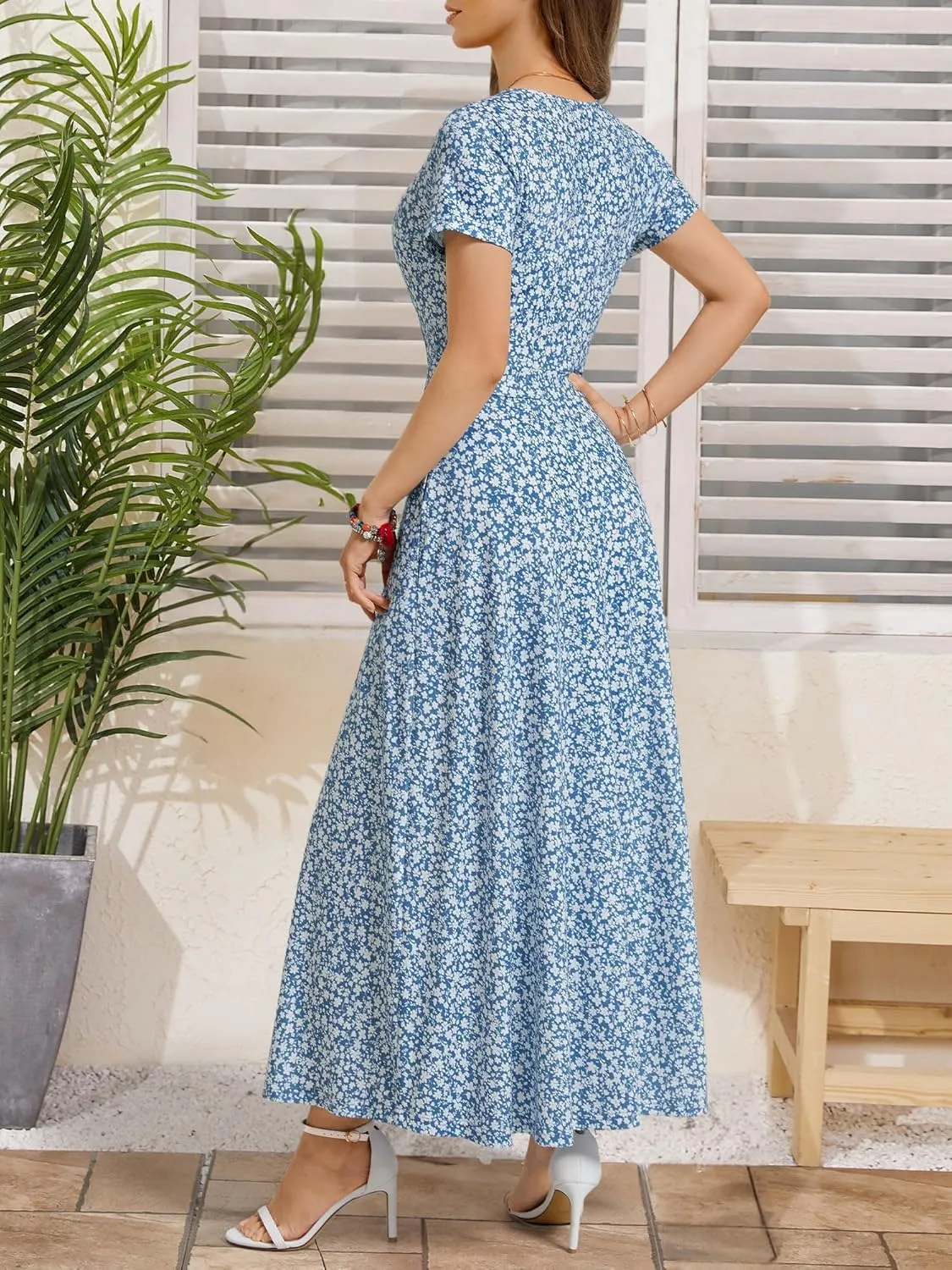 HUHOT Women's Short Sleeve Wrap V Neck Dresses for Wedding Guest Summer Floral Maxi Sundresses with Pockets Boho Dress