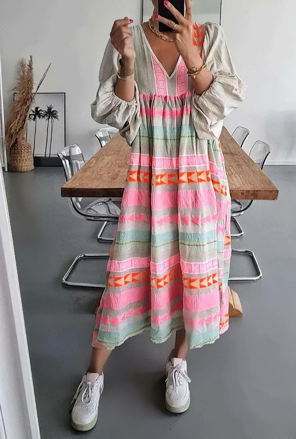 IVERIRMIN Women's Plus Size Boho Puff Sleeve Long Dress Casual Flowy Deep V Neck Long Sleeve Midi Dress