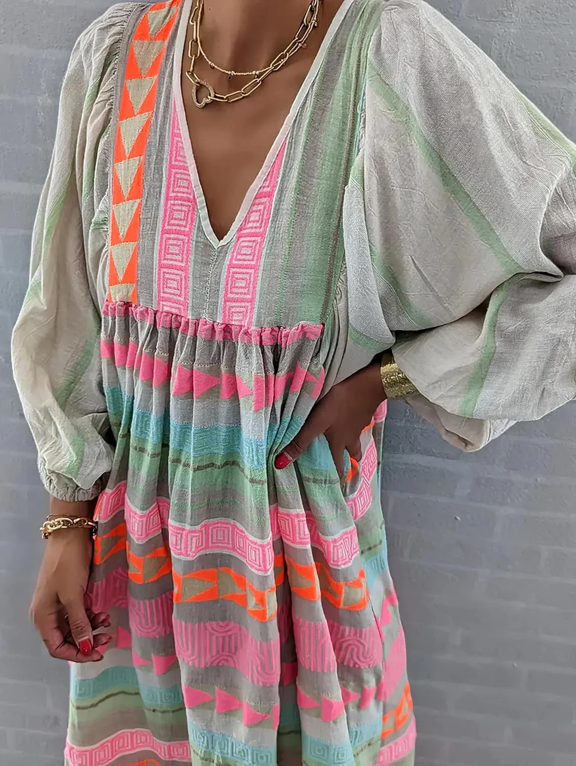 IVERIRMIN Women's Plus Size Boho Puff Sleeve Long Dress Casual Flowy Deep V Neck Long Sleeve Midi Dress