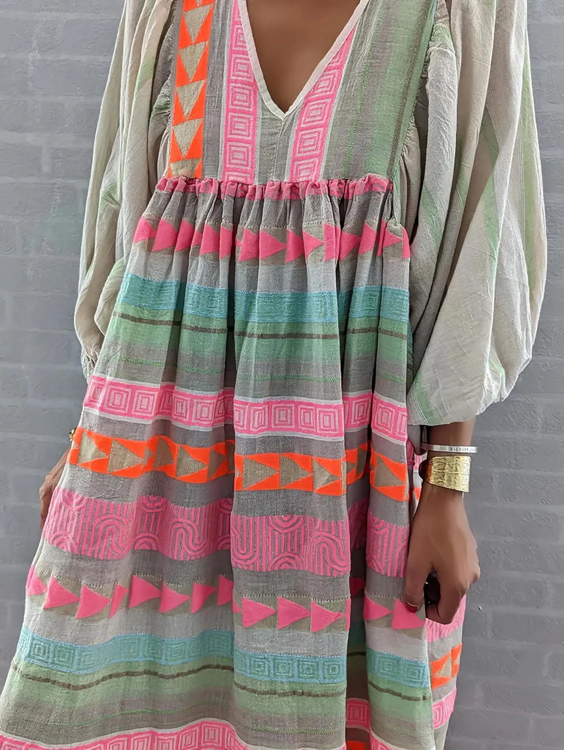 IVERIRMIN Women's Plus Size Boho Puff Sleeve Long Dress Casual Flowy Deep V Neck Long Sleeve Midi Dress