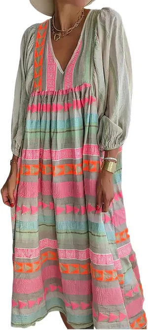 IVERIRMIN Women's Plus Size Boho Puff Sleeve Long Dress Casual Flowy Deep V Neck Long Sleeve Midi Dress