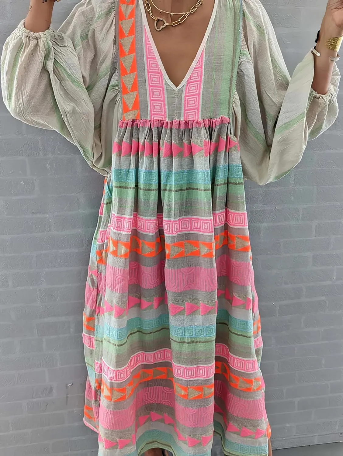 IVERIRMIN Women's Plus Size Boho Puff Sleeve Long Dress Casual Flowy Deep V Neck Long Sleeve Midi Dress