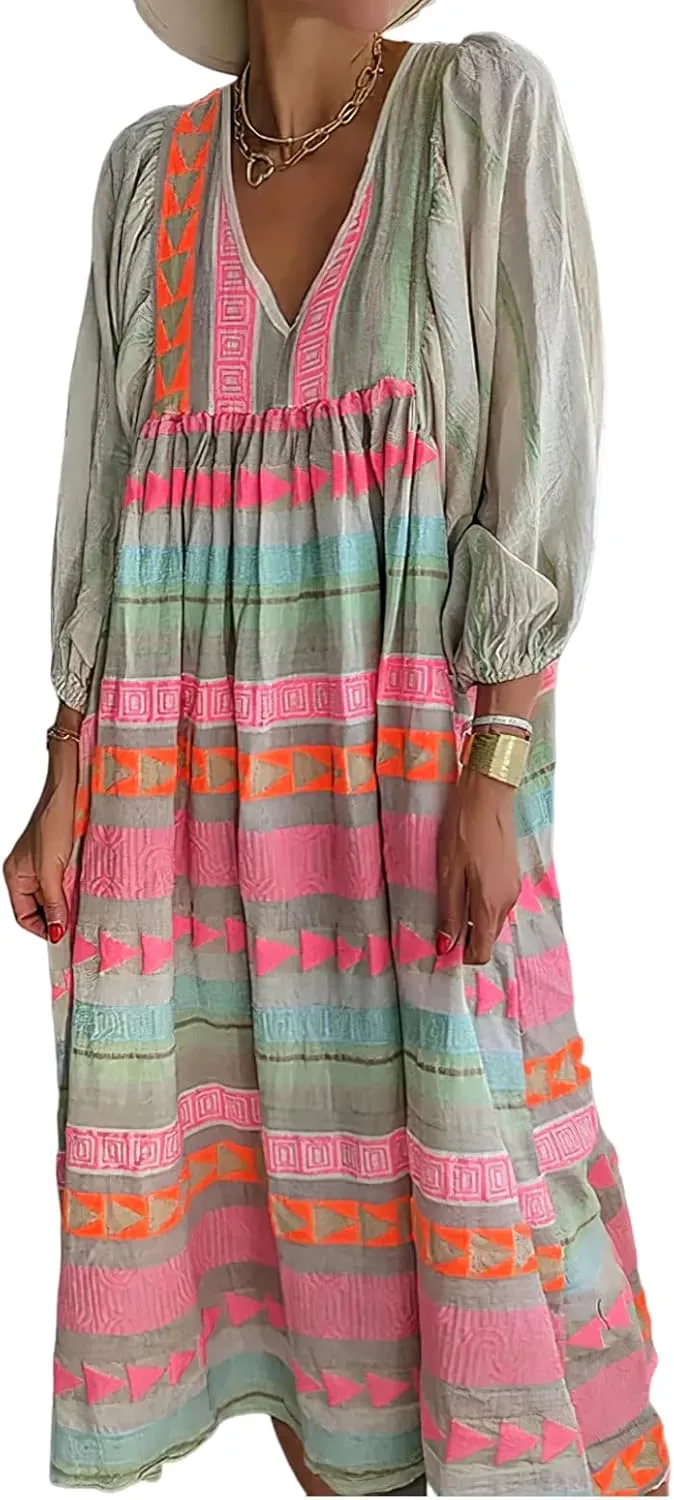 IVERIRMIN Women's Plus Size Boho Puff Sleeve Long Dress Casual Flowy Deep V Neck Long Sleeve Midi Dress