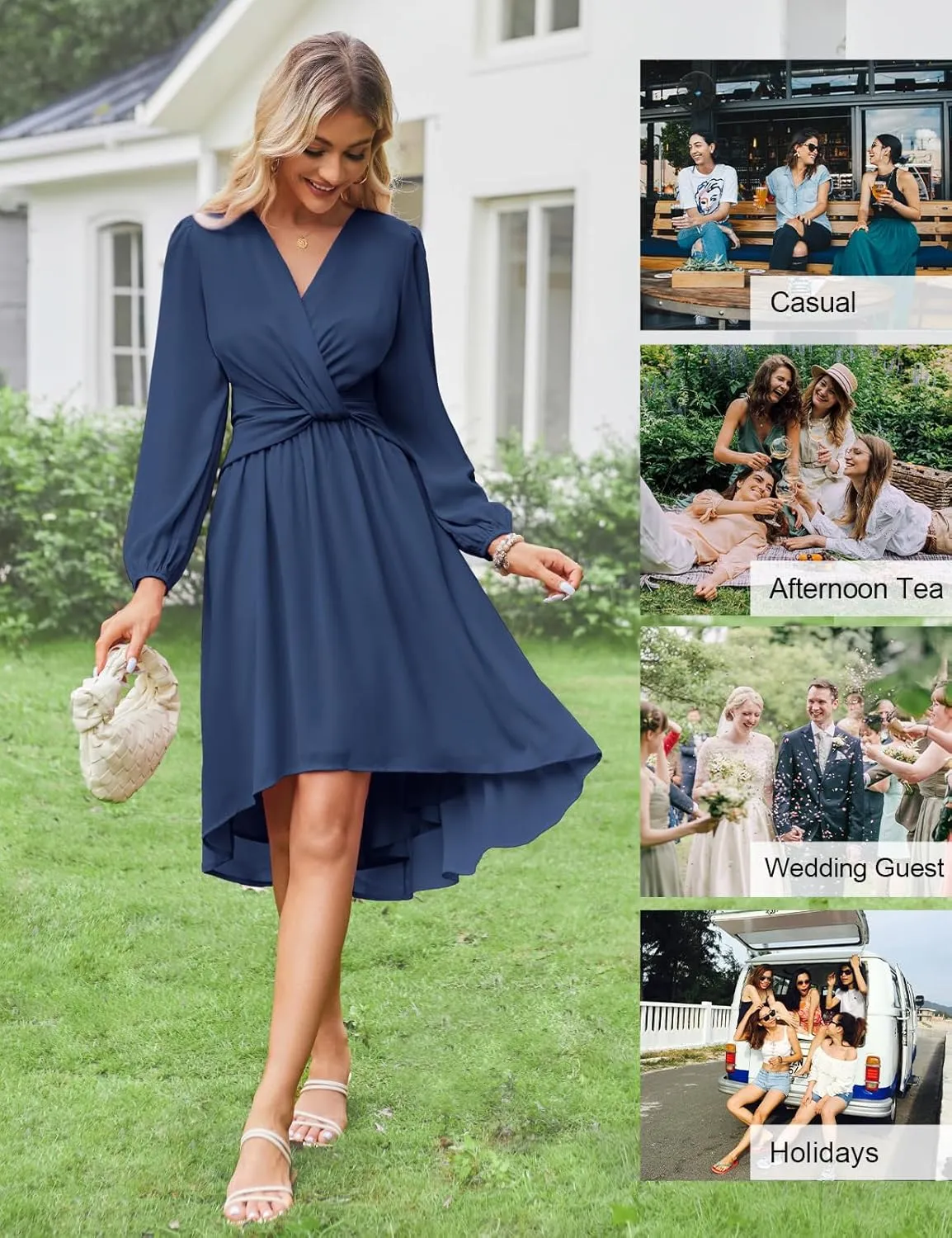JASAMBAC Dresses for Women Wedding Guest Chiffon Wrap V Neck Empire Waist A Line High Low Flowy Casual Modest Maxi Dress