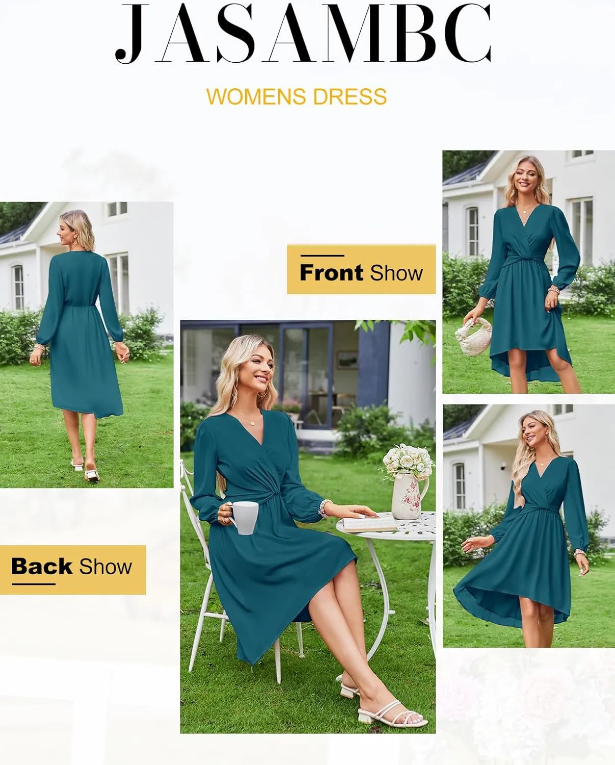 JASAMBAC Dresses for Women Wedding Guest Chiffon Wrap V Neck Empire Waist A Line High Low Flowy Casual Modest Maxi Dress