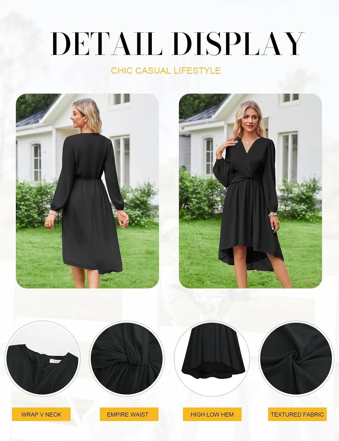 JASAMBAC Dresses for Women Wedding Guest Chiffon Wrap V Neck Empire Waist A Line High Low Flowy Casual Modest Maxi Dress