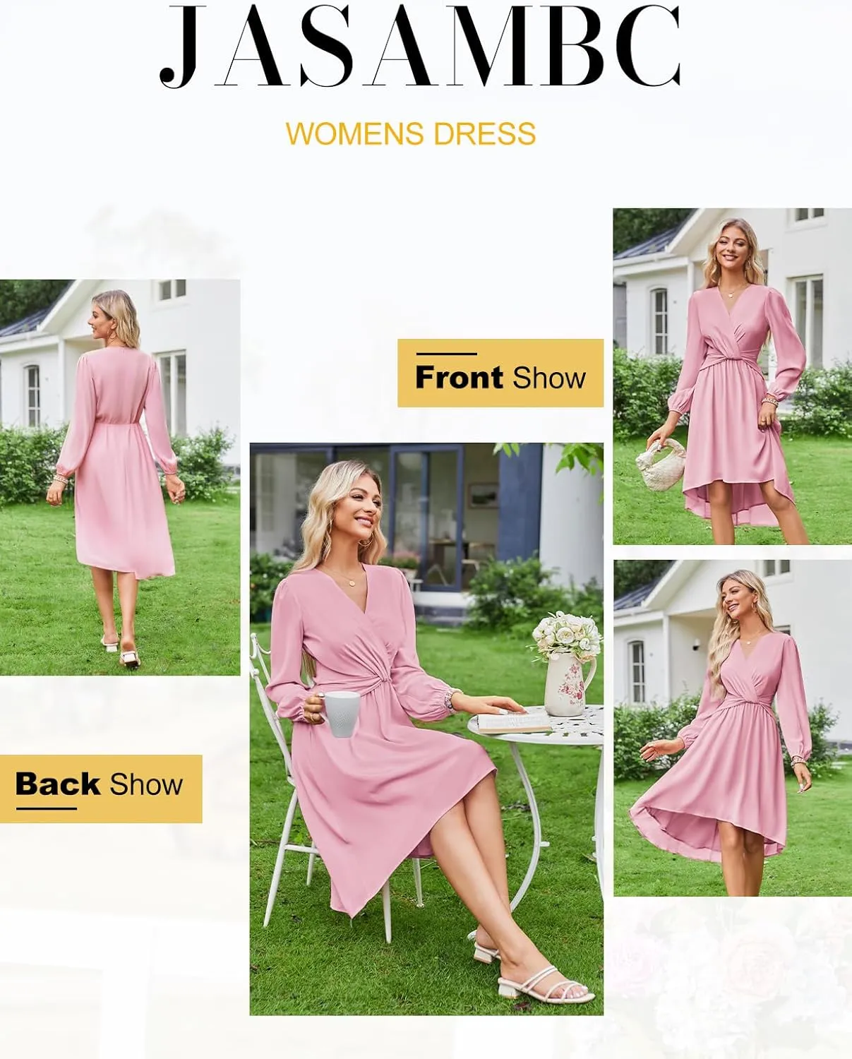 JASAMBAC Dresses for Women Wedding Guest Chiffon Wrap V Neck Empire Waist A Line High Low Flowy Casual Modest Maxi Dress