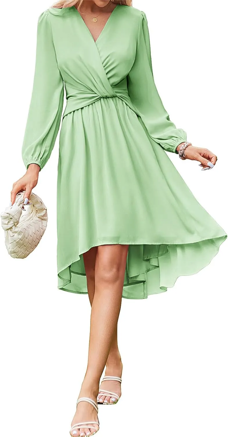 JASAMBAC Dresses for Women Wedding Guest Chiffon Wrap V Neck Empire Waist A Line High Low Flowy Casual Modest Maxi Dress