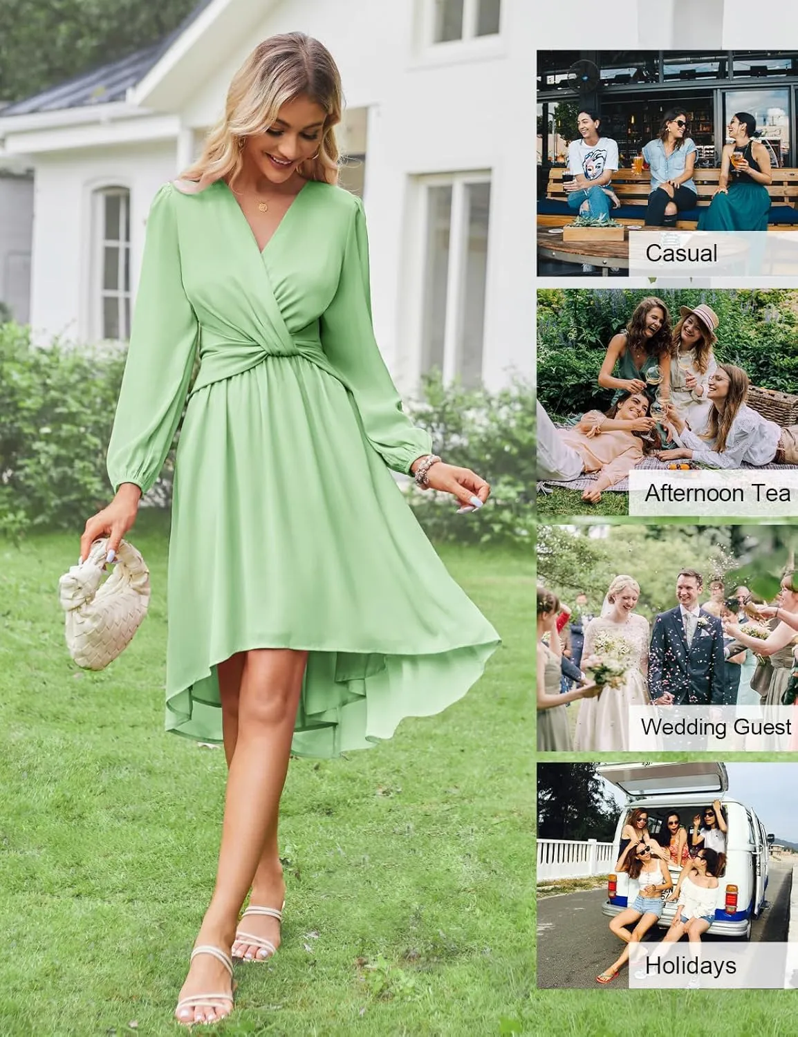 JASAMBAC Dresses for Women Wedding Guest Chiffon Wrap V Neck Empire Waist A Line High Low Flowy Casual Modest Maxi Dress