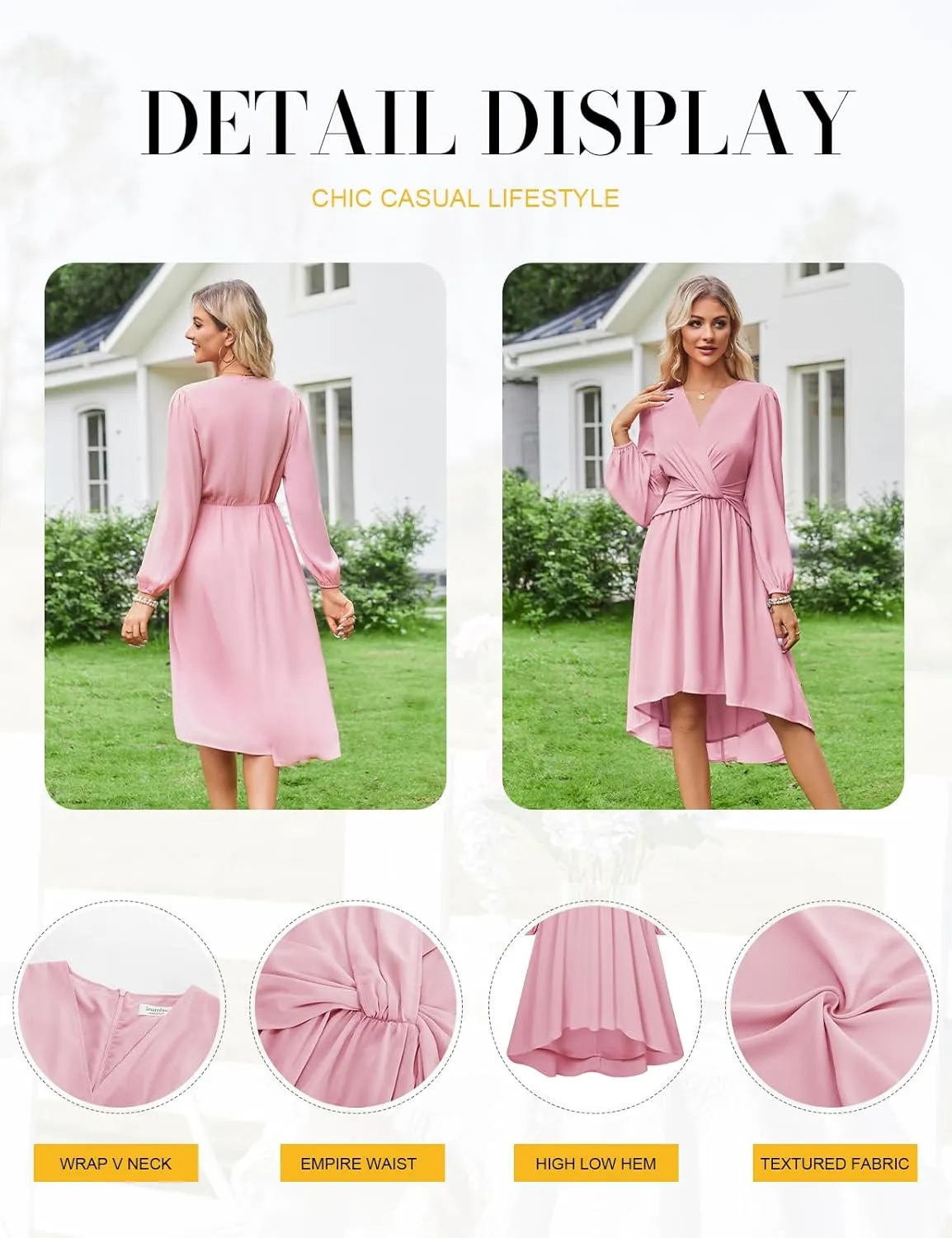 JASAMBAC Dresses for Women Wedding Guest Chiffon Wrap V Neck Empire Waist A Line High Low Flowy Casual Modest Maxi Dress