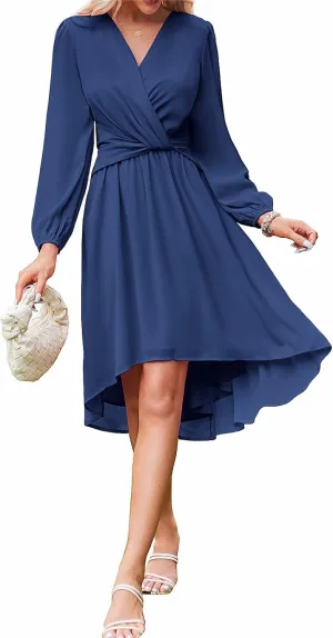 JASAMBAC Dresses for Women Wedding Guest Chiffon Wrap V Neck Empire Waist A Line High Low Flowy Casual Modest Maxi Dress