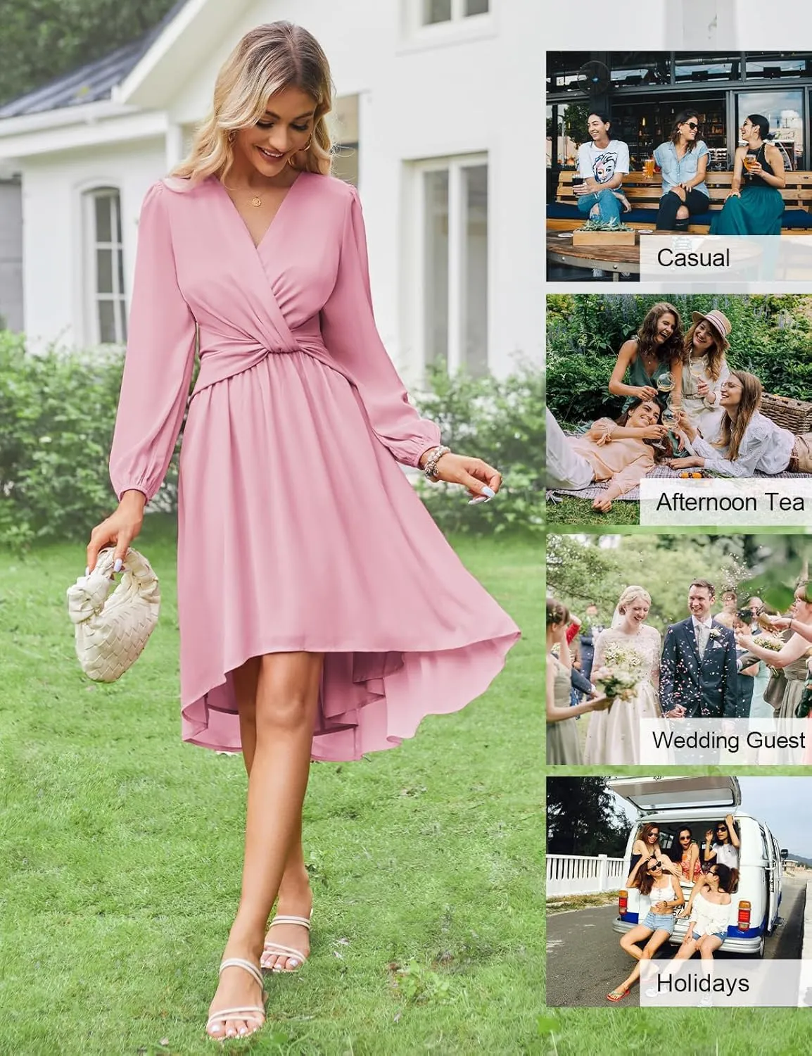 JASAMBAC Dresses for Women Wedding Guest Chiffon Wrap V Neck Empire Waist A Line High Low Flowy Casual Modest Maxi Dress